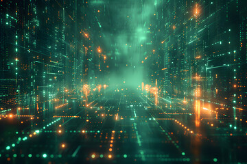 Fototapeta premium Abstract background displaying a futuristic digital grid pattern in shades of neon green and blue, with glowing lines and geometric shapes creating a high-tech and sci-fi aesthetic.