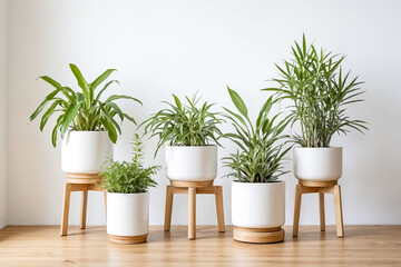 Fototapeta premium Five White Potted Plants on Wooden Stands in Front of a White Wall