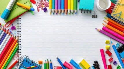 Fototapeta premium Creative Workspace with Notebook, Pencils and Crayons