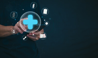 Businessman showing a symbol or icon related to health insurance or healthcare. Concepts for developing and accessing care anywhere, anytime, doing business related to the hospital business