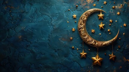 Crescent Moon and Stars Background Image with a Dark Blue Sky and Golden Stars on a Textured...