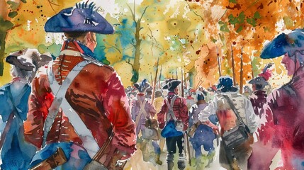 Revolutionary War soldiers watercolor - Vivid watercolor painting depicting Revolutionary War soldiers in historic battle attire