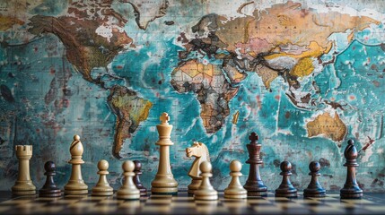Chess pieces on world map background - Set of chess pieces on a wooden board against the backdrop of a colorful, aged world map, evoking themes of global strategy and power play