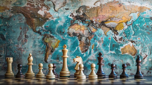Chess pieces on world map background - Set of chess pieces on a wooden board against the backdrop of a colorful, aged world map, evoking themes of global strategy and power play