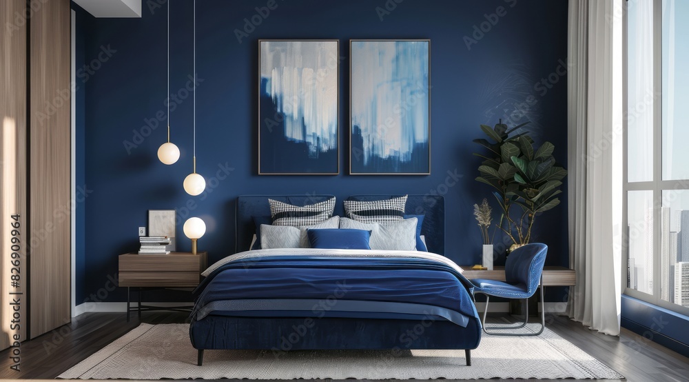 Wall mural minimalist blue bedroom with navy blue walls, minimalist art pieces, and a streamlined wardrobe - Wall murals
