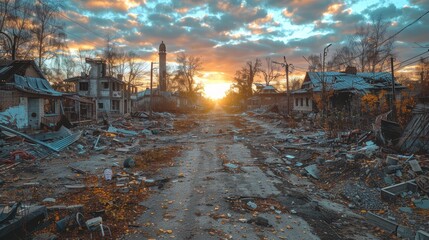 Fototapeta premium Sunset over a desolate ruined street - The image shows a dramatic sunset over a street with ruined and abandoned buildings, evoking a post-apocalyptic feel