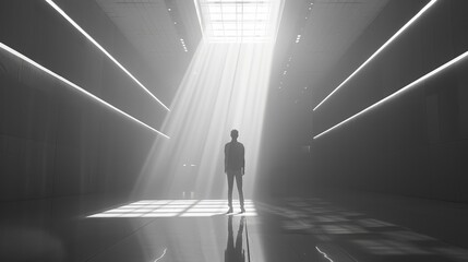 Silhouette in a futuristic corridor - The silhouette of a person stands at the end of a futuristic corridor bathed in ethereal light