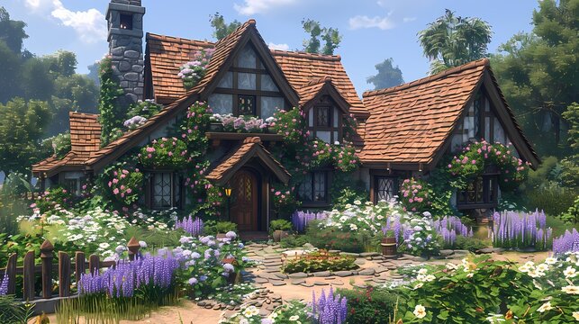 charming cottage surrounded bygarden in soft fluffy hues of peach and lavender