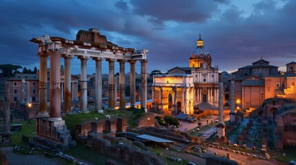 Obraz premium As evening falls, the blue light of dusk envelops the Imperial Forum in Rome, highlighting its ancient structures. This UNESCO World Heritage Site in Lazio, Italy,