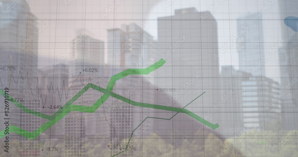 Poster Image of green lines and financial data processing over city