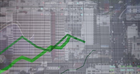 Image of green lines and financial data processing over city