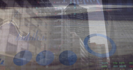 Image of financial data processing over city