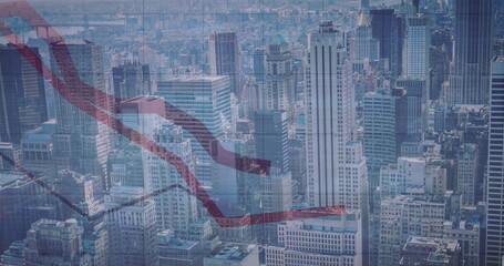 Image of red lines and financial data processing over city