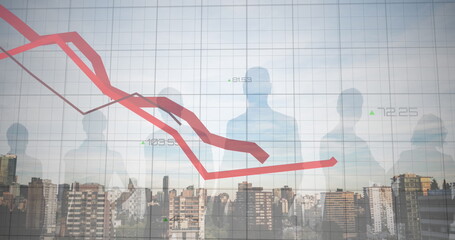 Image of red lines and financial data processing over city