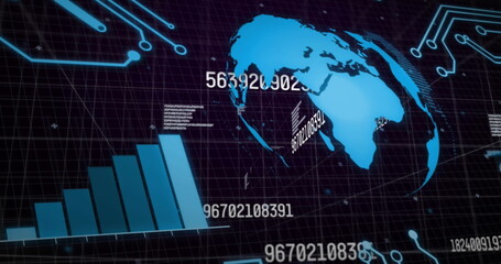 Image of circuit board and data processing over globe