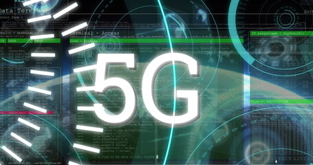 Image of 5g text and scopes and data processing over globe