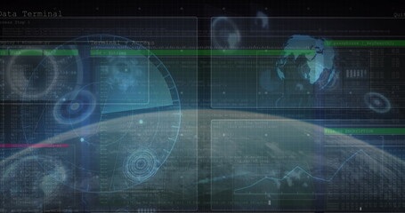 Image of scopes and data processing over globe