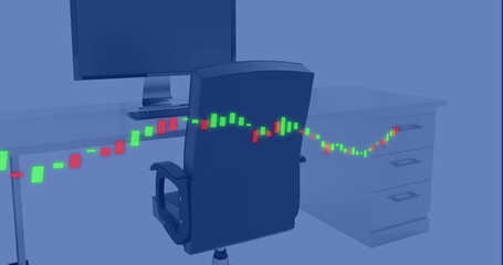 Image of financial data processing over desk with computer in office