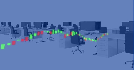 Image of financial data processing over desks with computer in office