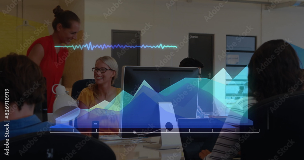 Poster image of graphs and soundwaves over caucasian colleagues using computer and giving high-five