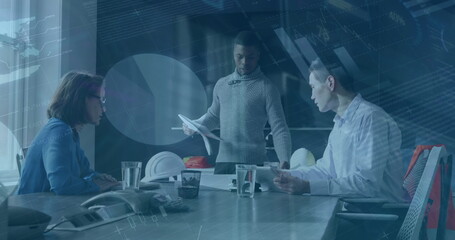 Image of infographic interface over diverse man walking to colleagues discussing ideas in office