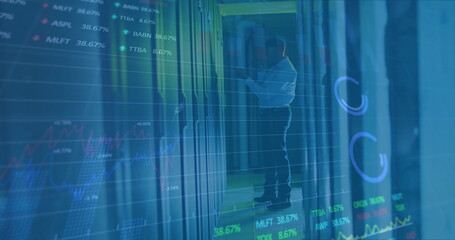 Image of infographic interface over african american male engineer examining data servers