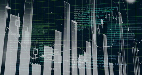 Image of data processing over diagrams on black background