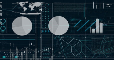 Image of map over diagrams and data processing on black background