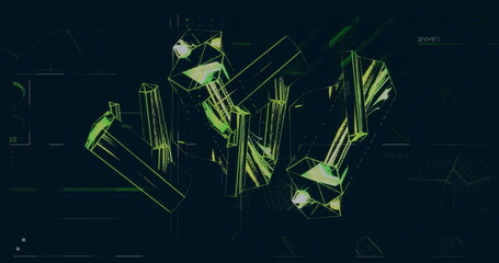 Image of green crystals over diagrams and map on black background