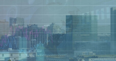 Image of financial data processing over cityscape