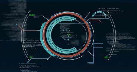Obraz premium Image of scope scanning over diagrams and data processing on black background