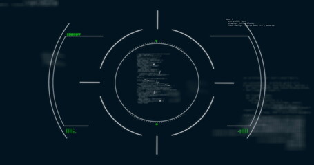 Image of scope scanning over diagrams and data processing on black background