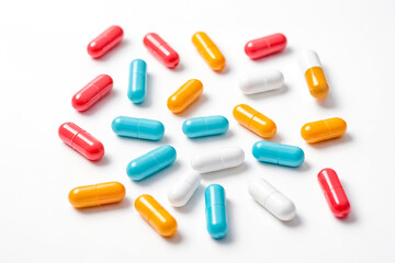 Colorful Capsules Scattered on White Background