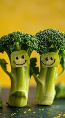 international friendship day celebration with a variety of green broccoli heads and stems, accompanied by a smiling face and black eyes, set against a yellow wall