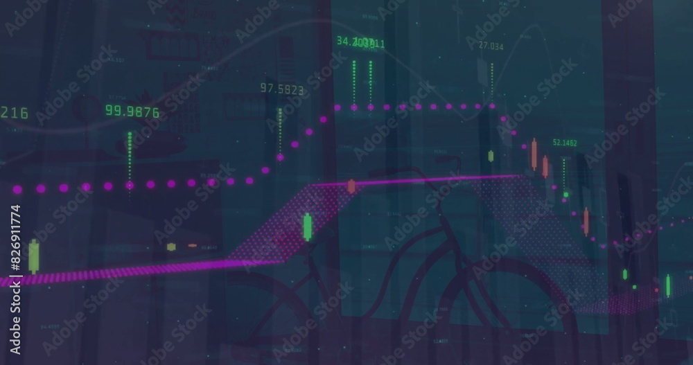 Poster image of statistics and financial data processing over world map