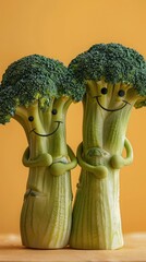 international friendship day figurines holding up a couple of green broccoli in front of an orange and yellow wall, with a green stem visible in the foreground