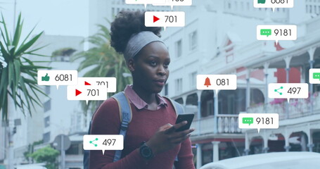 Image of social media data processing over african american woman using smartphone