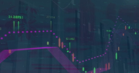Image of statistics and financial data processing over cityscape