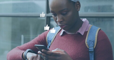 Image of social media data processing over african american woman using smartphone