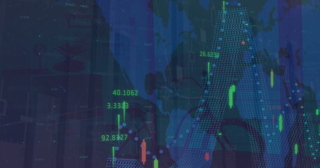 Image of statistics and financial data processing over world map