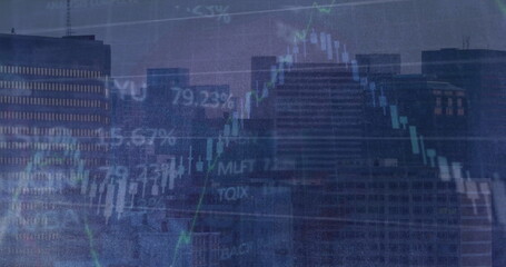 Image of statistics and financial data processing over cityscape