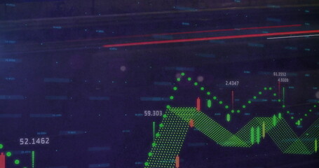 Image of statistics and financial data processing over dark background