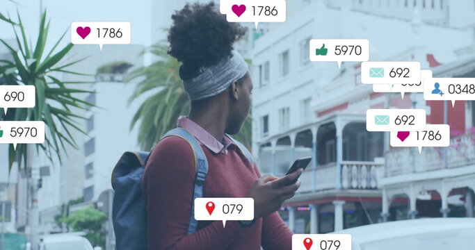 Image of social media data processing over african american woman using smartphone