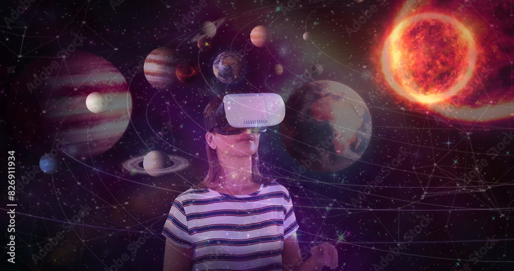Wall mural digital composite of science composition woman watching the universe with augmented reality