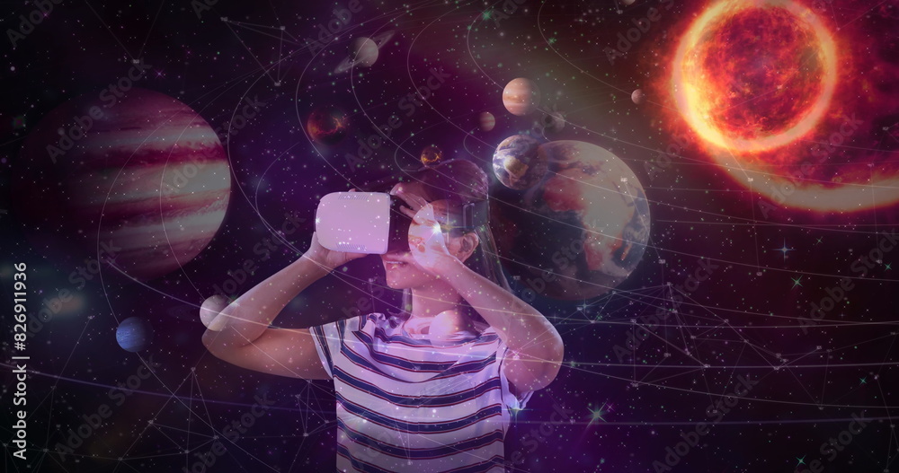 Sticker digital composite of science composition woman watching the universe with augmented reality