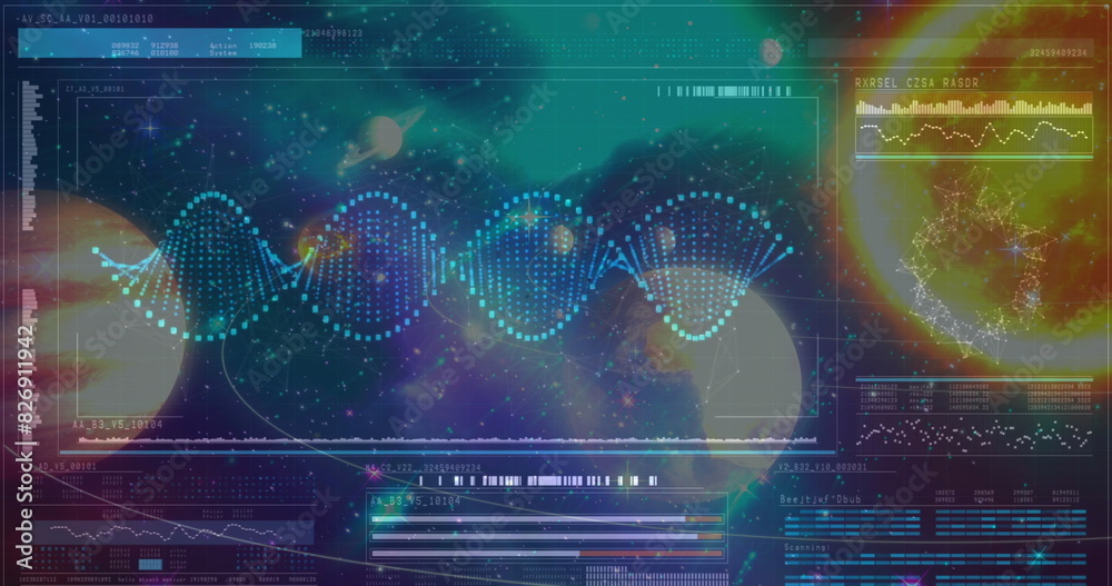 Wall mural digital composite of science composition universe combined with animated dna