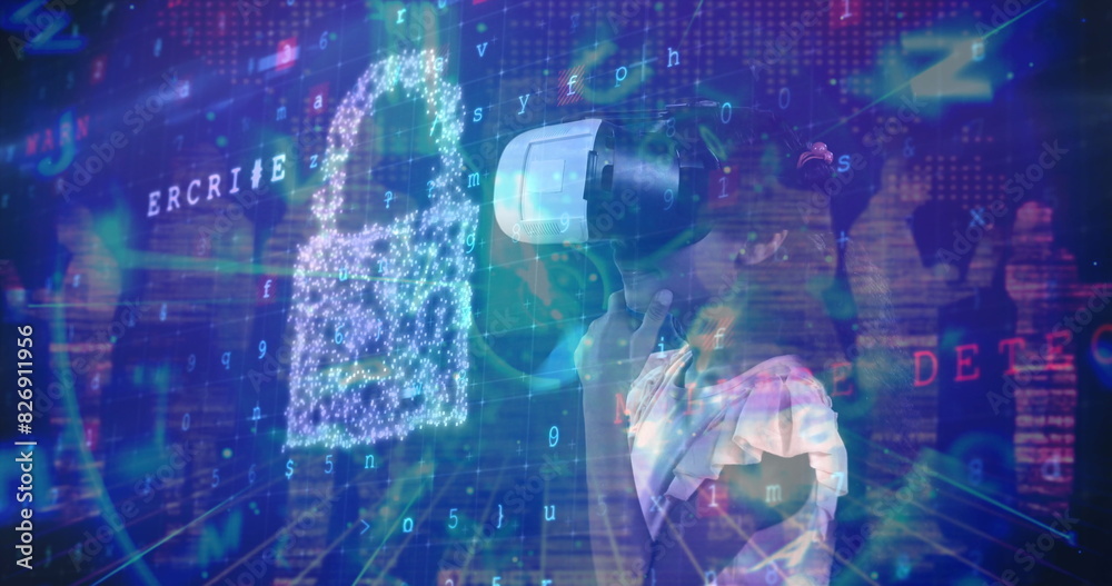 Wall mural digital composite of science composition young girl using augmented reality combined with abstract p
