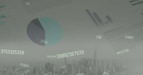 Image of financial data processing over cityscape