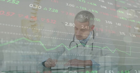 Image of data processing over caucasian male doctor