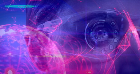 Digital composite of Science Composition Woman with virtual glasses and abstract illustration colore